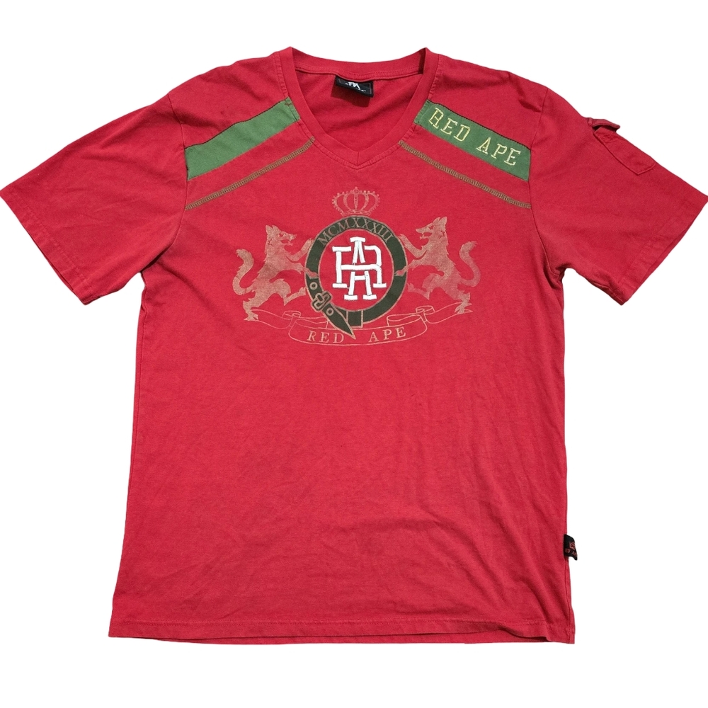 Y2k Vintage RED APE 2000s V Neck Streetwear Shirt Large